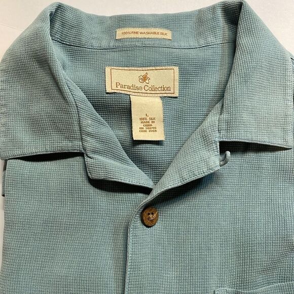 Paradise collection men’s silk button-down, short sleeve shirt steel blue size L - Picture 5 of 5